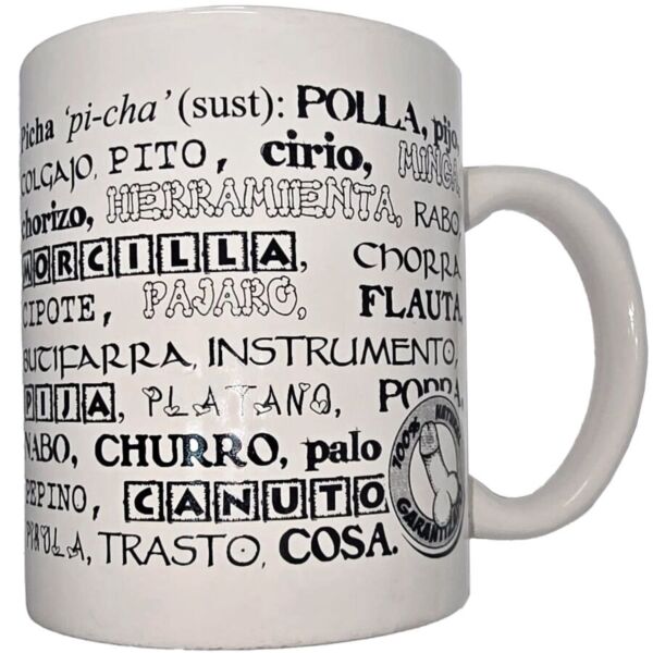 Biały ceramiczny kubek Diablo Picante 370 ml z czarnymi synonimami penisa