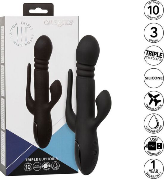 Wibrator króliczek CalExotics Triple Euphoria z trzonem, stymulatorem ssącym i ogonkiem