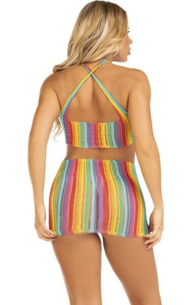 Sukienka mini Leg Avenue Technicolor Dream w tęczowe paski, z dekoltem halter i krzyżowanymi ramiączkami