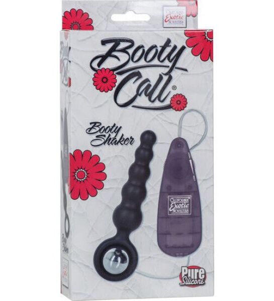 Czarny CalExotics Booty Call Booty Shaker Black z sondą o schodkowym kształcie, okrągłym uchwytem, wibratorem pociskiem i pilotem na kablu