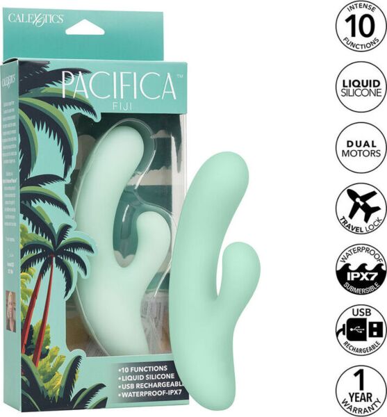 Wibrator punktu G CalExotics Pacifica Fiji z przezroczystego zielonego silikonu, z zakrzywionym trzonem i drugim stymulatorem
