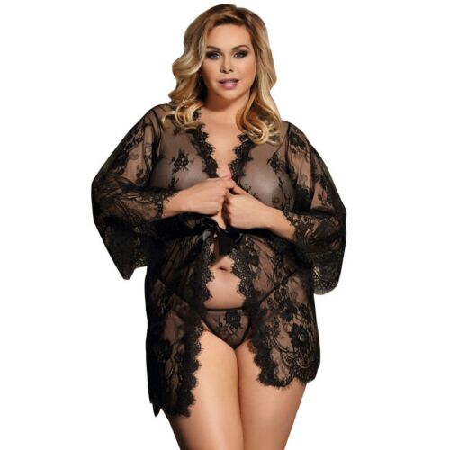 Peignoir SUBBLIME QUEEN PLUS SIZE z koronką i długimi rękawami