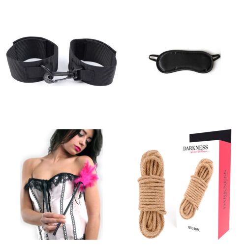 Zestaw łagodnego bondage dla początkujących z kajdankami, opaską, szpicrutą i liną