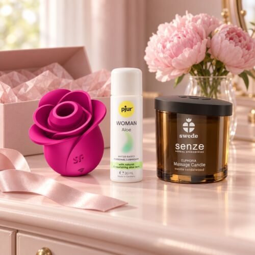 Zestaw prezentowy dla niej z Satisfyer Pro 2 i świecą do masażu – zdjęcie aranżacyjne (obraz wygenerowany przez AI)