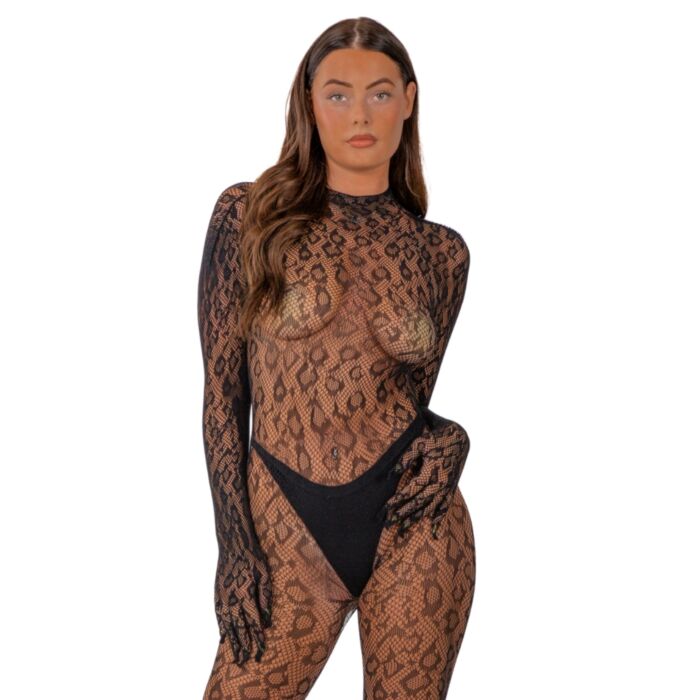 Lace by LJ Gloved Leopard Print Catsuit Black Lace by LJ Gloved Leopard Print Catsuit Black