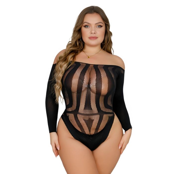 Bodystocking Lace Plus Size Z Długim Rękawem Z Odkrytymi Plecami Bodystocking Lace Plus Size Z Długim Rękawem Z Odkrytymi Plecami