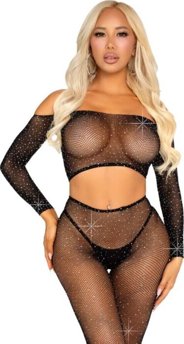 Crop Top i Leggins Leg Avenue - Glamour z Pedrería