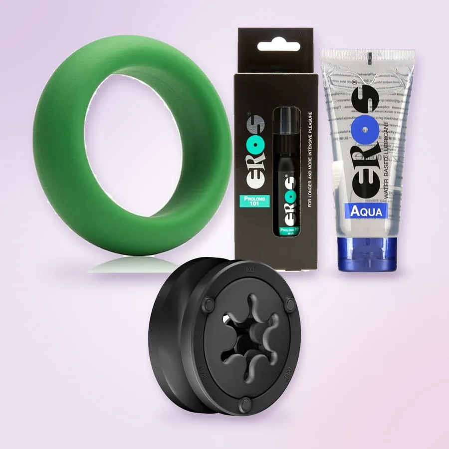 Masturbator Fun Factory IKU FLEX, pierścień Je Joue, spray Eros Prolong 101 i lubrykant EROS Aqua